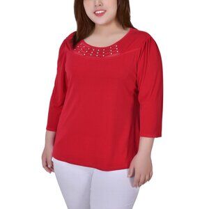NY Collection Plus Size 1X Red 3/4 Sleeve Crepe Knit with Strip Details Top